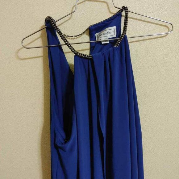 Chelsea Suite Dress Women's 16 Shift  Blue Stretch Rhinestone Halter Neck Midi - Picture 1 of 9